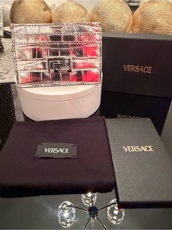 Versace Accessories - Versace Metallic Silver Croc-Embossed Card Case with Buckle